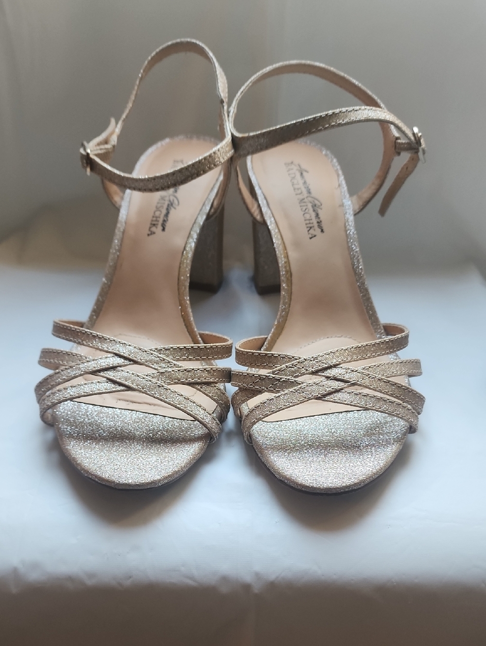 Badgley Mischka Champagne Metallic Strappy Block Heel Sandals